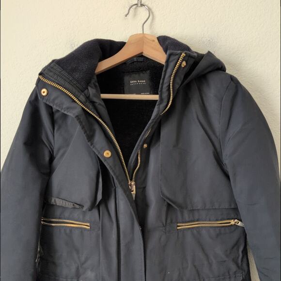 Zara Basic Outerwear Parka Hooded Black Coat with Gold Accents Womens Small - Picture 6 of 10